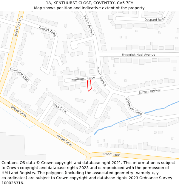 1A, KENTHURST CLOSE, COVENTRY, CV5 7EA: Location map and indicative extent of plot