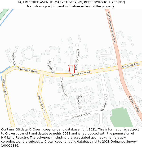 1A, LIME TREE AVENUE, MARKET DEEPING, PETERBOROUGH, PE6 8DQ: Location map and indicative extent of plot