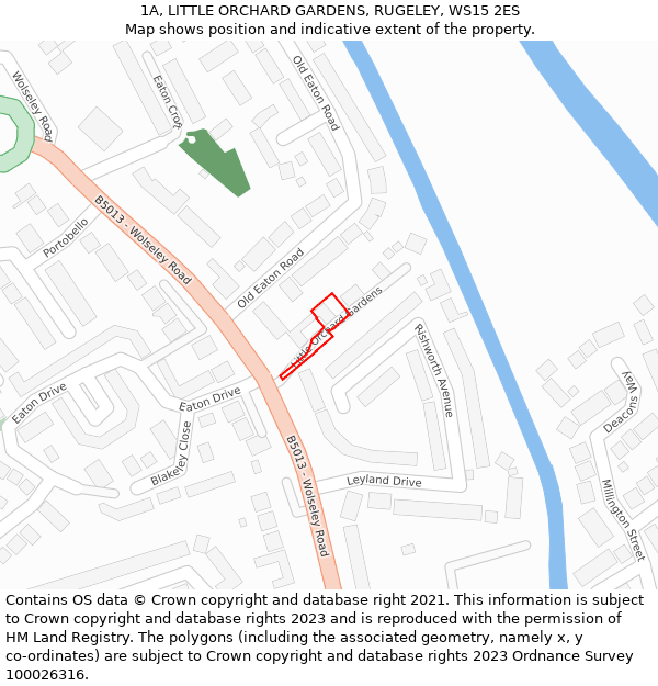 1A, LITTLE ORCHARD GARDENS, RUGELEY, WS15 2ES: Location map and indicative extent of plot