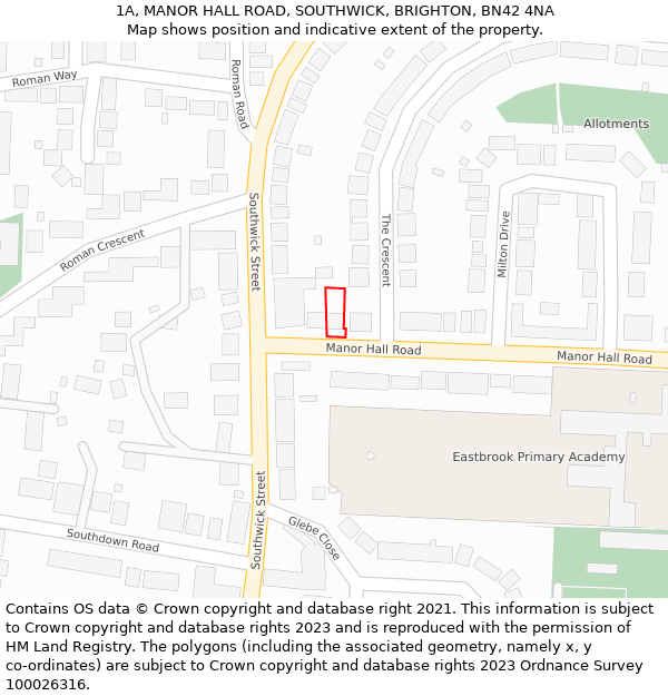 1A, MANOR HALL ROAD, SOUTHWICK, BRIGHTON, BN42 4NA: Location map and indicative extent of plot