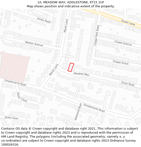 1A, MEADOW WAY, ADDLESTONE, KT15 1UF: Location map and indicative extent of plot