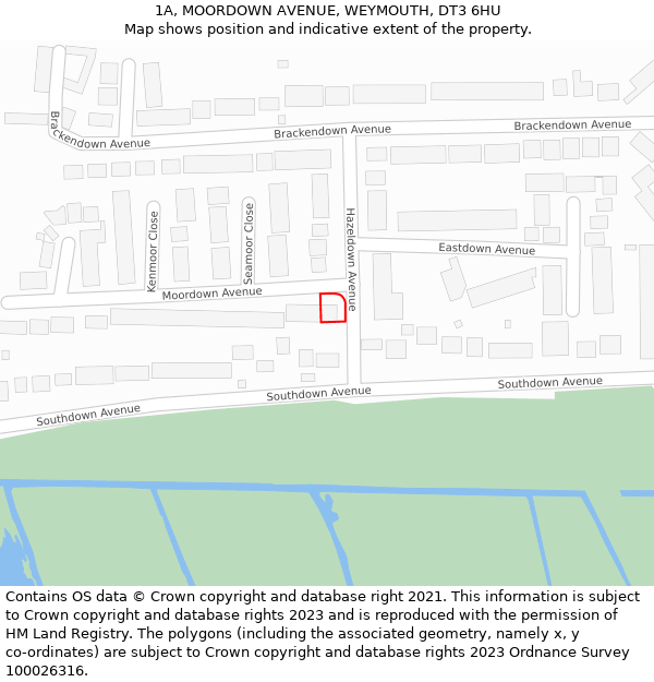 1A, MOORDOWN AVENUE, WEYMOUTH, DT3 6HU: Location map and indicative extent of plot