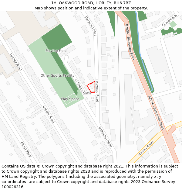 1A, OAKWOOD ROAD, HORLEY, RH6 7BZ: Location map and indicative extent of plot