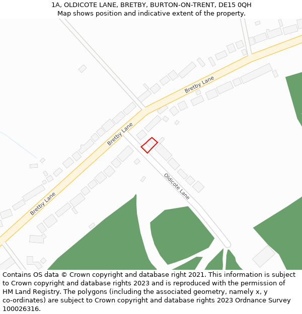 1A, OLDICOTE LANE, BRETBY, BURTON-ON-TRENT, DE15 0QH: Location map and indicative extent of plot
