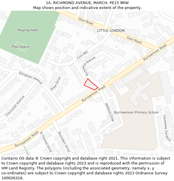 1A, RICHMOND AVENUE, MARCH, PE15 9RW: Location map and indicative extent of plot