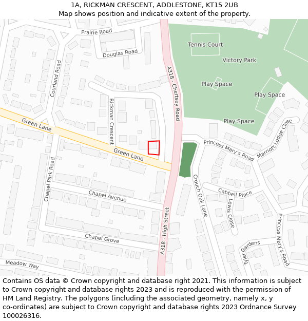 1A, RICKMAN CRESCENT, ADDLESTONE, KT15 2UB: Location map and indicative extent of plot