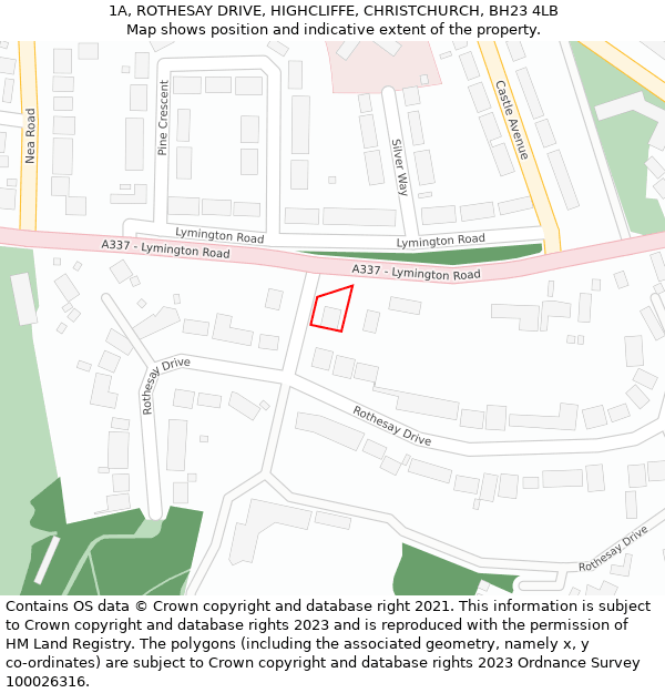 1A, ROTHESAY DRIVE, HIGHCLIFFE, CHRISTCHURCH, BH23 4LB: Location map and indicative extent of plot