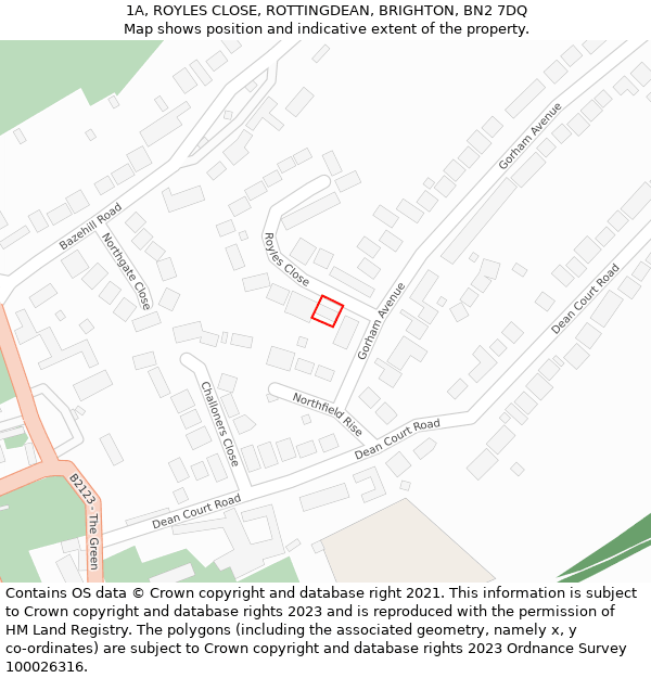 1A, ROYLES CLOSE, ROTTINGDEAN, BRIGHTON, BN2 7DQ: Location map and indicative extent of plot