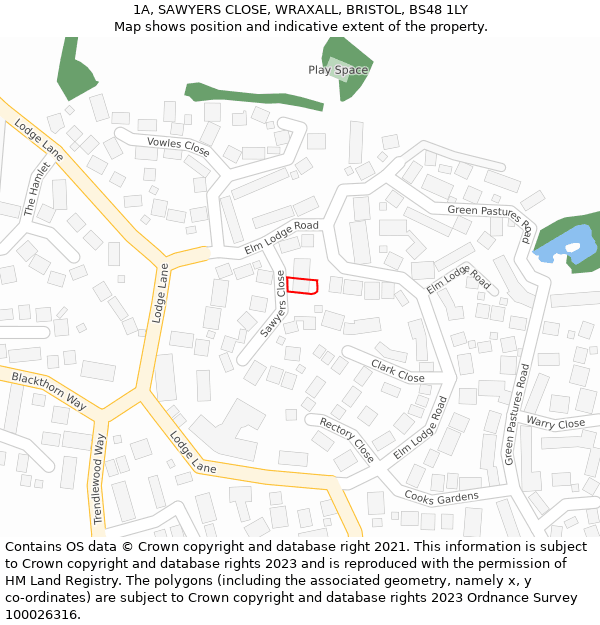 1A, SAWYERS CLOSE, WRAXALL, BRISTOL, BS48 1LY: Location map and indicative extent of plot