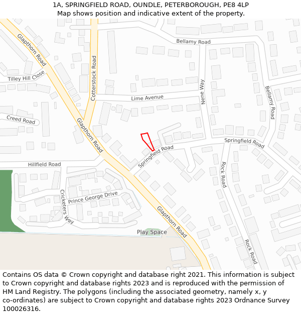 1A, SPRINGFIELD ROAD, OUNDLE, PETERBOROUGH, PE8 4LP: Location map and indicative extent of plot