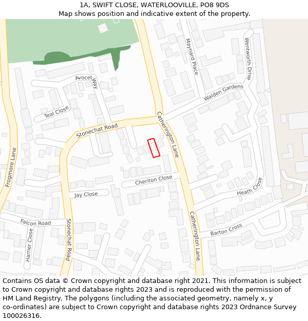 1A, SWIFT CLOSE, WATERLOOVILLE, PO8 9DS: Location map and indicative extent of plot