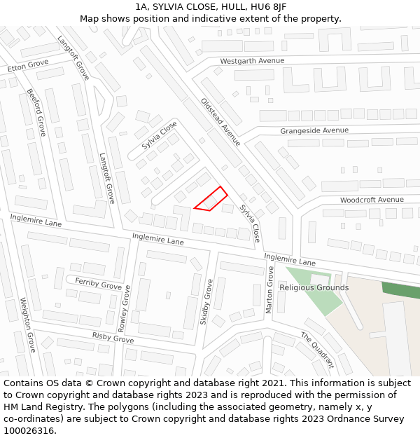 1A, SYLVIA CLOSE, HULL, HU6 8JF: Location map and indicative extent of plot