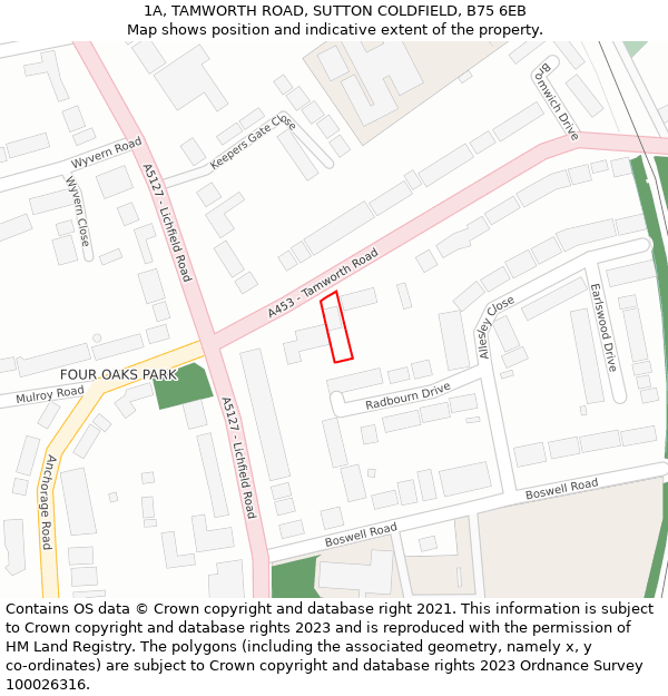 1A, TAMWORTH ROAD, SUTTON COLDFIELD, B75 6EB: Location map and indicative extent of plot