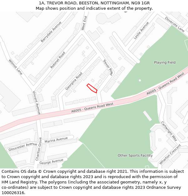 1A, TREVOR ROAD, BEESTON, NOTTINGHAM, NG9 1GR: Location map and indicative extent of plot