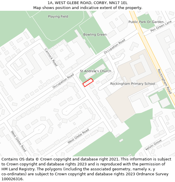 1A, WEST GLEBE ROAD, CORBY, NN17 1EL: Location map and indicative extent of plot