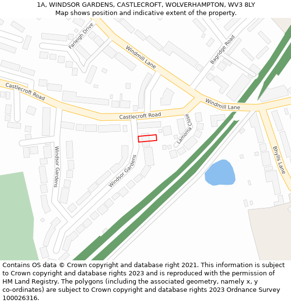1A, WINDSOR GARDENS, CASTLECROFT, WOLVERHAMPTON, WV3 8LY: Location map and indicative extent of plot