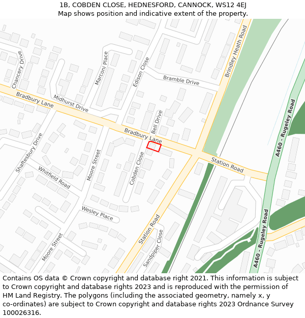 1B, COBDEN CLOSE, HEDNESFORD, CANNOCK, WS12 4EJ: Location map and indicative extent of plot