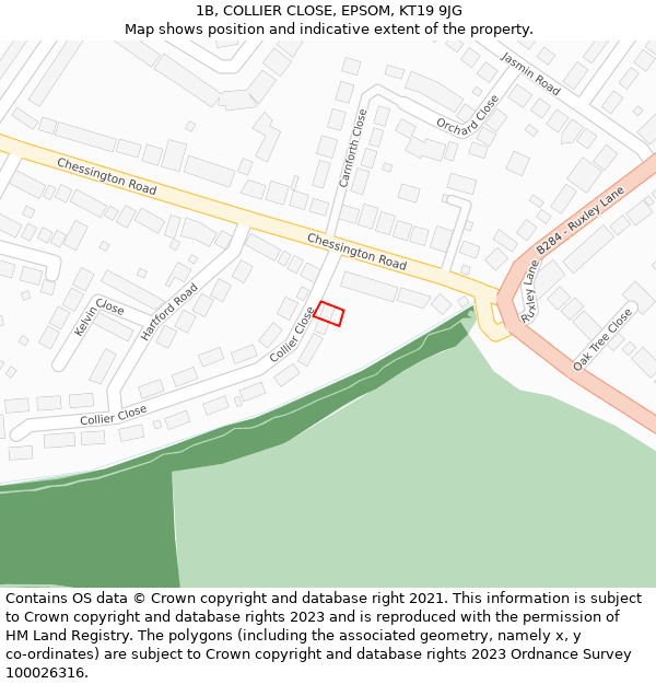 1B, COLLIER CLOSE, EPSOM, KT19 9JG: Location map and indicative extent of plot