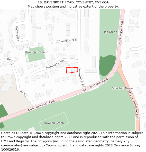 1B, DAVENPORT ROAD, COVENTRY, CV5 6QA: Location map and indicative extent of plot