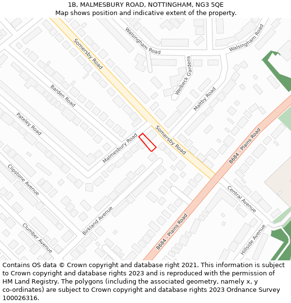 1B, MALMESBURY ROAD, NOTTINGHAM, NG3 5QE: Location map and indicative extent of plot