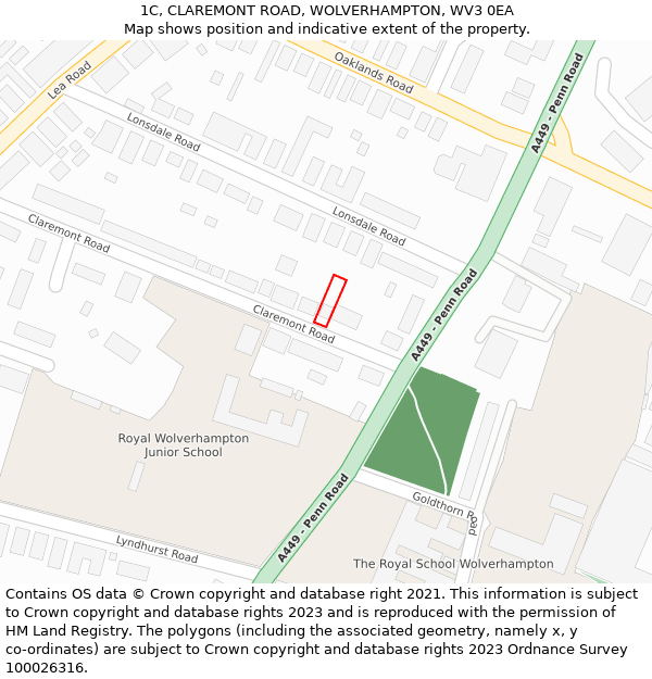 1C, CLAREMONT ROAD, WOLVERHAMPTON, WV3 0EA: Location map and indicative extent of plot
