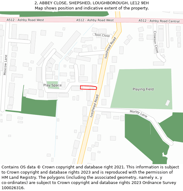 2, ABBEY CLOSE, SHEPSHED, LOUGHBOROUGH, LE12 9EH: Location map and indicative extent of plot