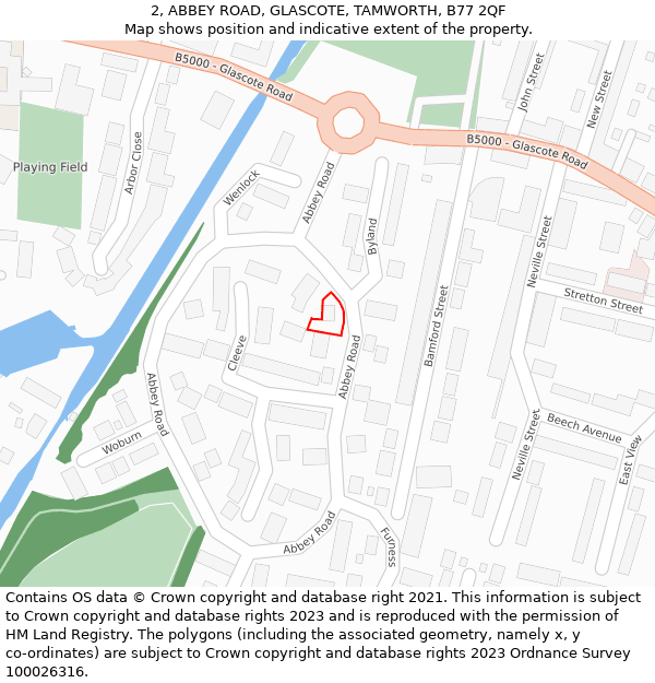 2, ABBEY ROAD, GLASCOTE, TAMWORTH, B77 2QF: Location map and indicative extent of plot
