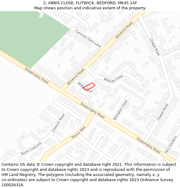 2, ABBIS CLOSE, FLITWICK, BEDFORD, MK45 1AF: Location map and indicative extent of plot