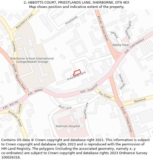 2, ABBOTTS COURT, PRIESTLANDS LANE, SHERBORNE, DT9 4EX: Location map and indicative extent of plot