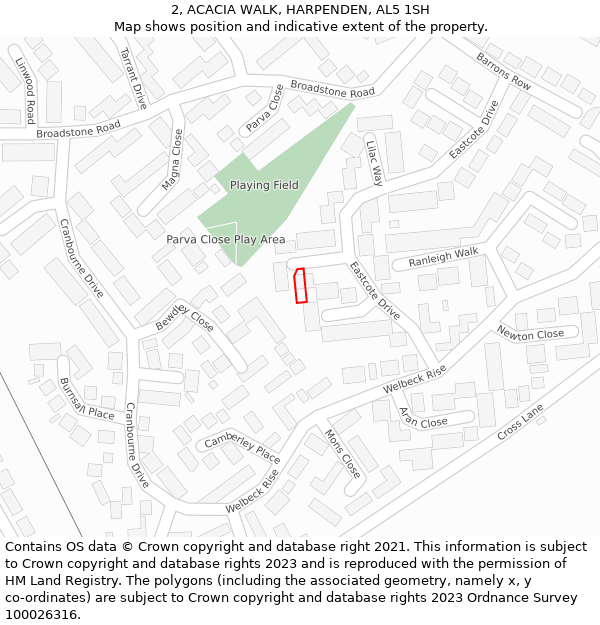 2, ACACIA WALK, HARPENDEN, AL5 1SH: Location map and indicative extent of plot