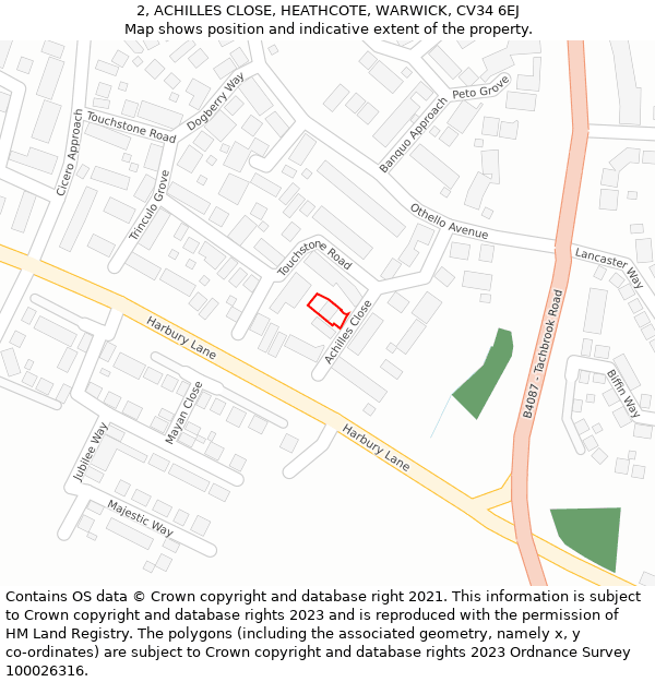 2, ACHILLES CLOSE, HEATHCOTE, WARWICK, CV34 6EJ: Location map and indicative extent of plot