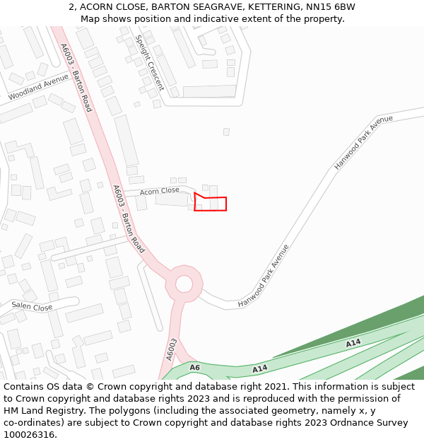 2, ACORN CLOSE, BARTON SEAGRAVE, KETTERING, NN15 6BW: Location map and indicative extent of plot