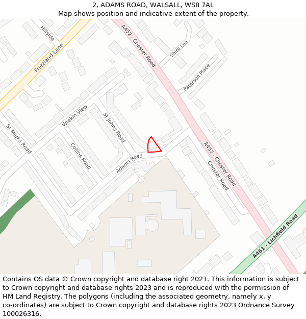 2, ADAMS ROAD, WALSALL, WS8 7AL: Location map and indicative extent of plot