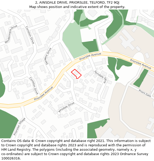 2, AINSDALE DRIVE, PRIORSLEE, TELFORD, TF2 9QJ: Location map and indicative extent of plot