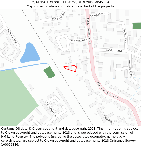 2, AIRDALE CLOSE, FLITWICK, BEDFORD, MK45 1FA: Location map and indicative extent of plot