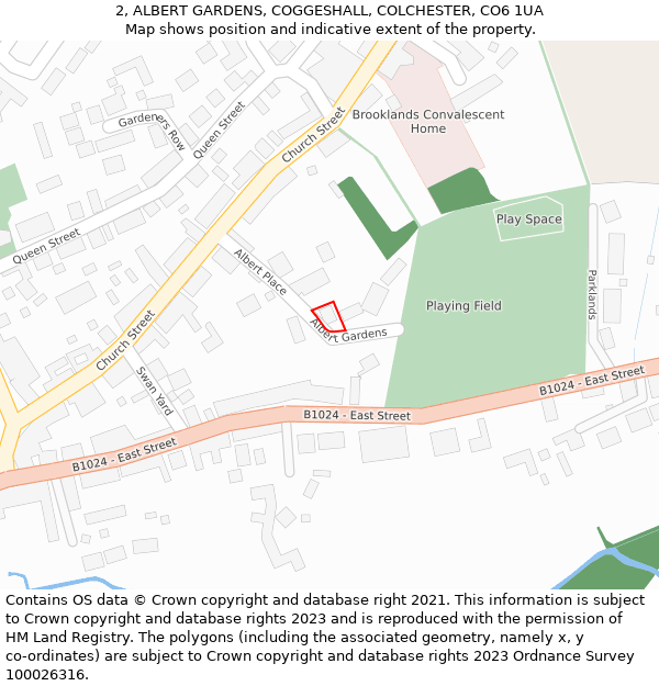 2, ALBERT GARDENS, COGGESHALL, COLCHESTER, CO6 1UA: Location map and indicative extent of plot
