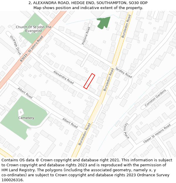 2, ALEXANDRA ROAD, HEDGE END, SOUTHAMPTON, SO30 0DP: Location map and indicative extent of plot