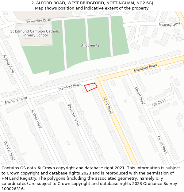 2, ALFORD ROAD, WEST BRIDGFORD, NOTTINGHAM, NG2 6GJ: Location map and indicative extent of plot