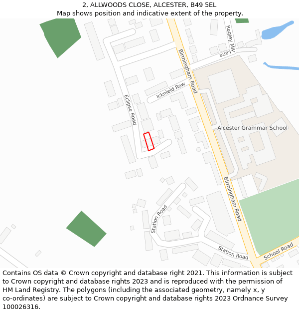 2, ALLWOODS CLOSE, ALCESTER, B49 5EL: Location map and indicative extent of plot