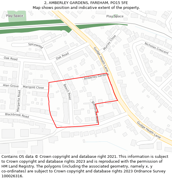 2, AMBERLEY GARDENS, FAREHAM, PO15 5FE: Location map and indicative extent of plot