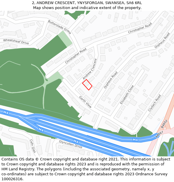 2, ANDREW CRESCENT, YNYSFORGAN, SWANSEA, SA6 6RL: Location map and indicative extent of plot