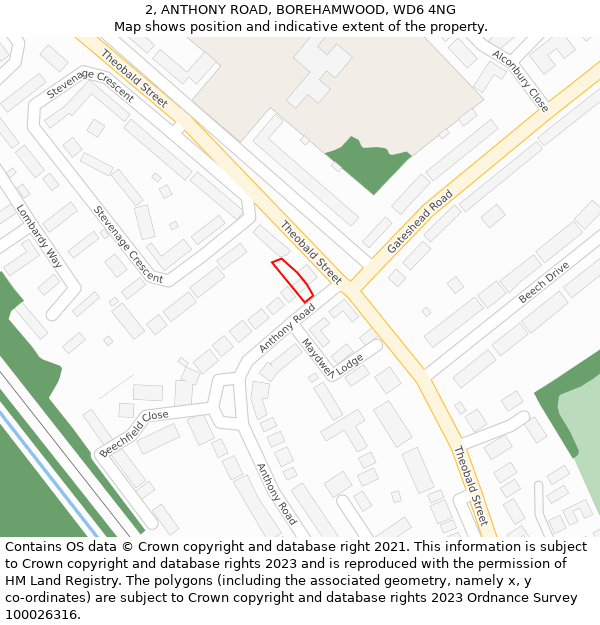 2, ANTHONY ROAD, BOREHAMWOOD, WD6 4NG: Location map and indicative extent of plot