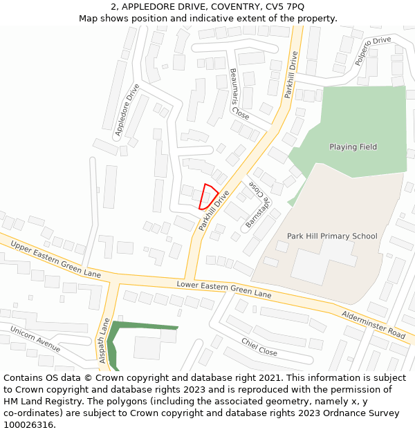 2, APPLEDORE DRIVE, COVENTRY, CV5 7PQ: Location map and indicative extent of plot