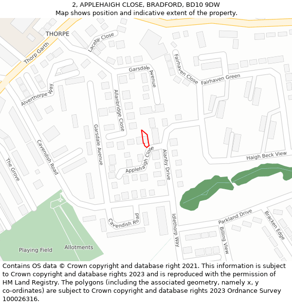 2, APPLEHAIGH CLOSE, BRADFORD, BD10 9DW: Location map and indicative extent of plot