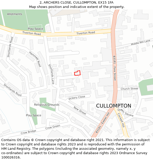 2, ARCHERS CLOSE, CULLOMPTON, EX15 1FA: Location map and indicative extent of plot