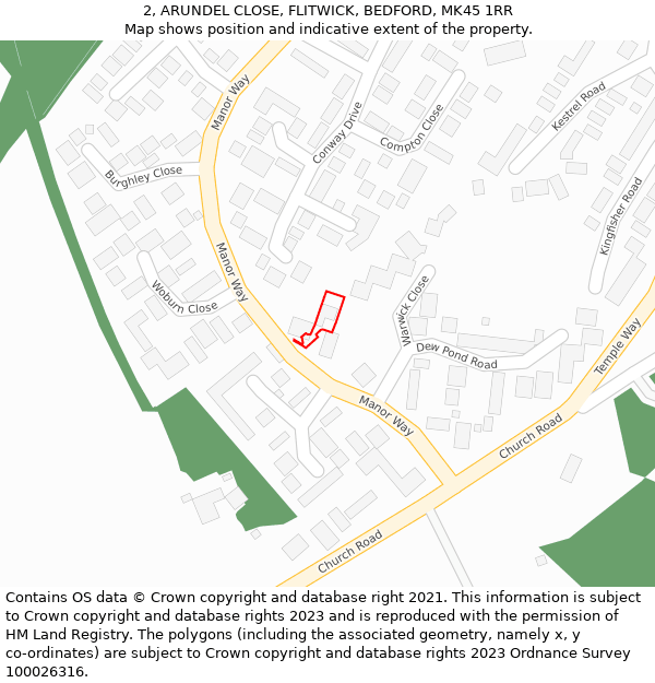 2, ARUNDEL CLOSE, FLITWICK, BEDFORD, MK45 1RR: Location map and indicative extent of plot