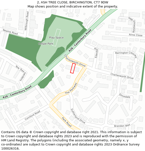 2, ASH TREE CLOSE, BIRCHINGTON, CT7 9DW: Location map and indicative extent of plot