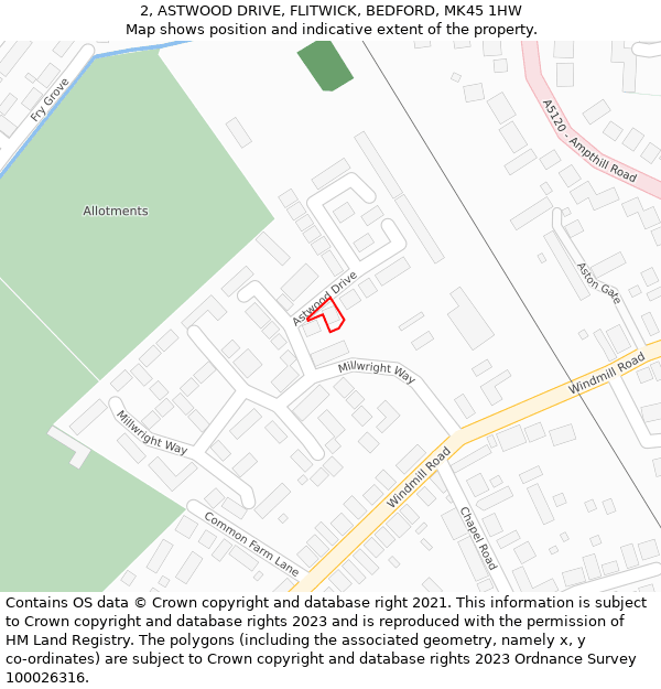 2, ASTWOOD DRIVE, FLITWICK, BEDFORD, MK45 1HW: Location map and indicative extent of plot