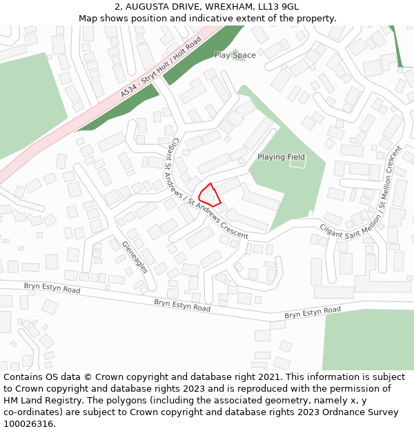 2, AUGUSTA DRIVE, WREXHAM, LL13 9GL: Location map and indicative extent of plot