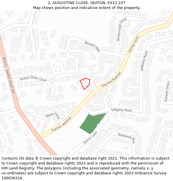 2, AUGUSTINE CLOSE, SEATON, EX12 2XT: Location map and indicative extent of plot